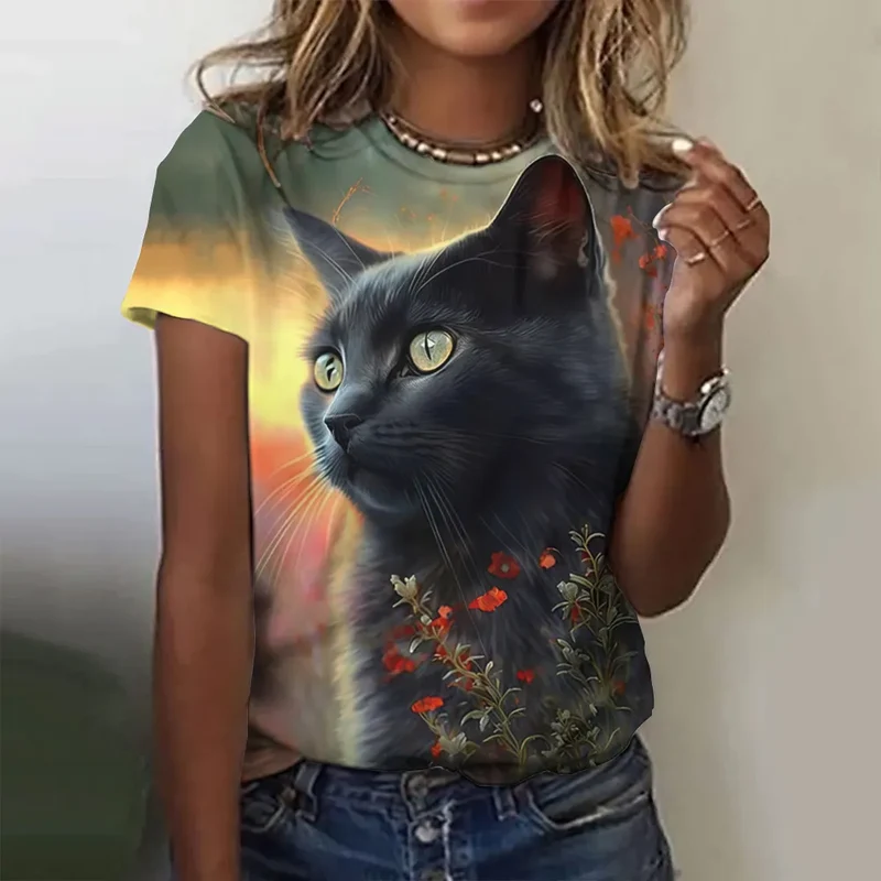 Damen Sommer Top 3D Katzen T-Shirt Rundhals Streetwear lockeres Damentop