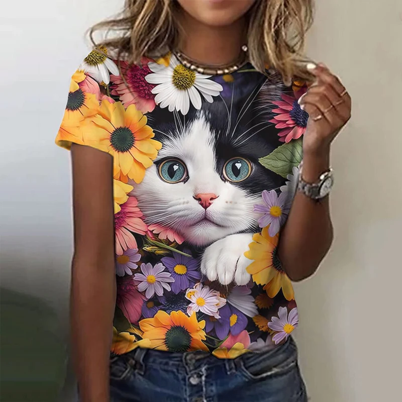 Damen Sommer Top 3D Katzen T-Shirt Rundhals Streetwear lockeres Damentop