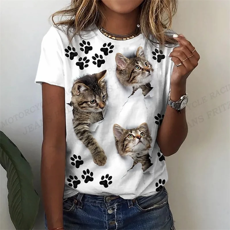 Damen Sommer Top 3D Katzen T-Shirt Rundhals Streetwear lockeres Damentop
