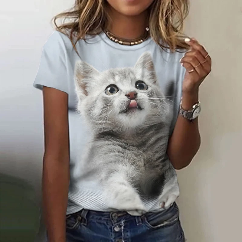 Damen Sommer Top 3D Katzen T-Shirt Rundhals Streetwear lockeres Damentop