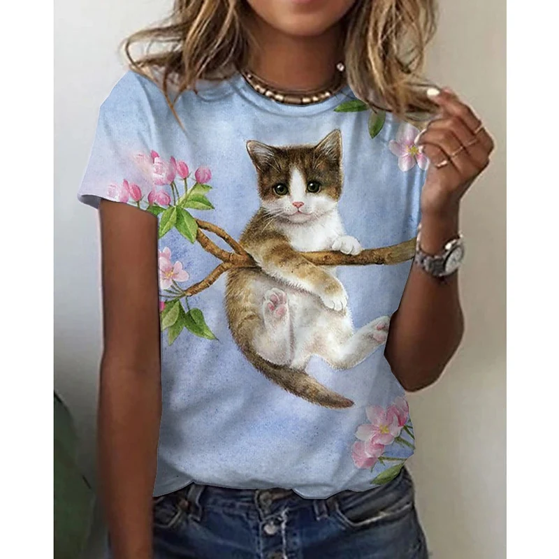Damen Sommer Top 3D Katzen T-Shirt Rundhals Streetwear lockeres Damentop