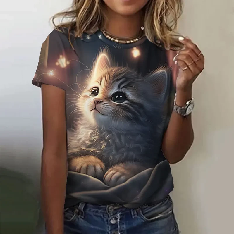 Damen Sommer Top 3D Katzen T-Shirt Rundhals Streetwear lockeres Damentop