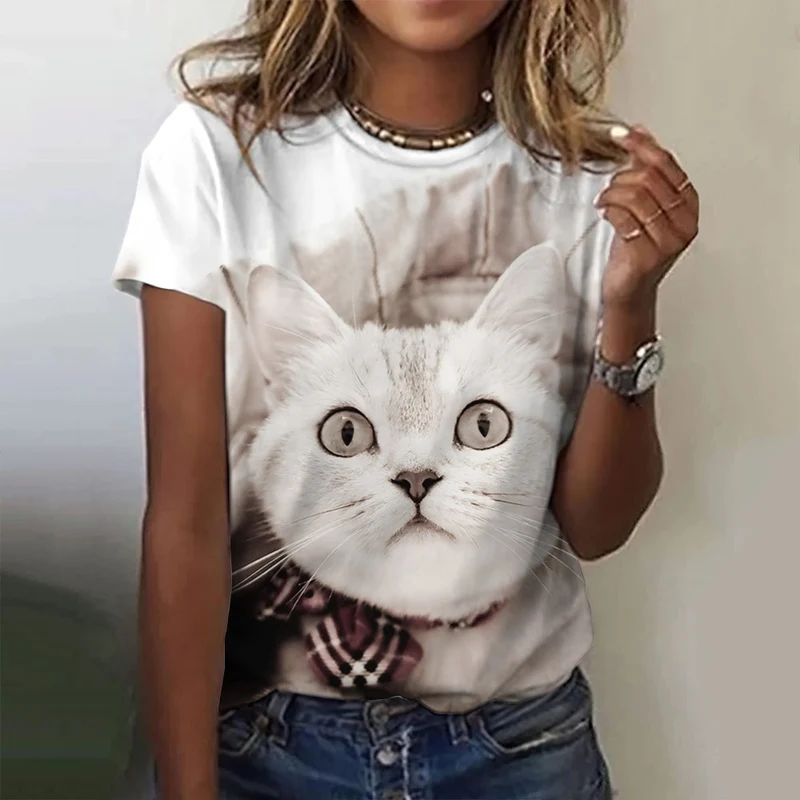 Damen Sommer Top 3D Katzen T-Shirt Rundhals Streetwear lockeres Damentop