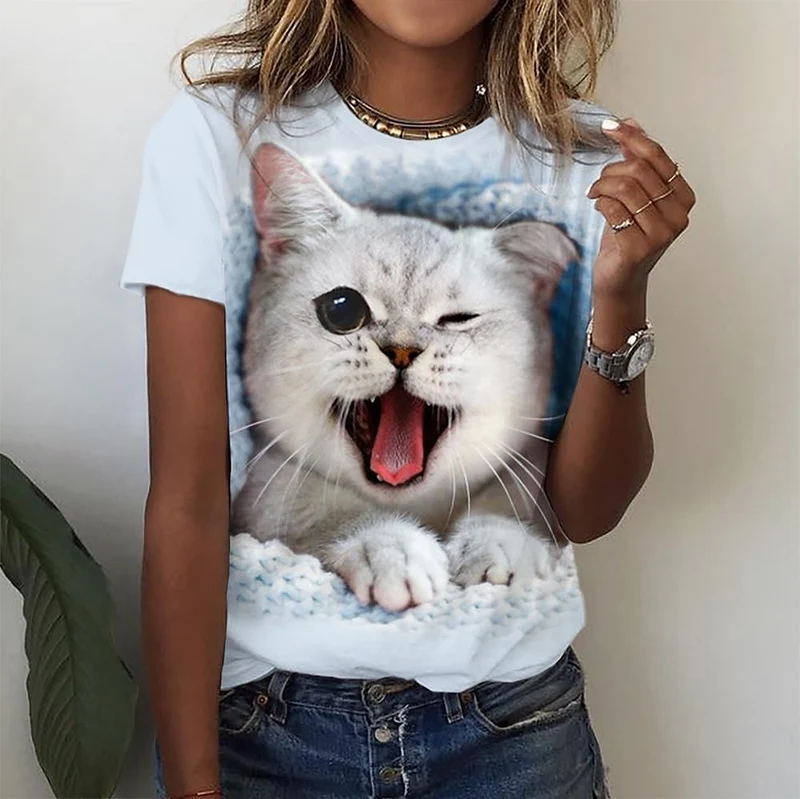 Damen Sommer Top 3D Katzen T-Shirt Rundhals Streetwear lockeres Damentop