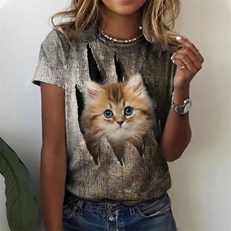 Damen Sommer Top 3D Katzen T-Shirt Rundhals Streetwear lockeres Damentop