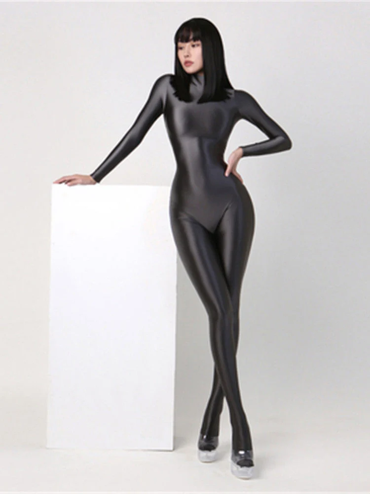 Sexy Damen Glänzender Metallischer Overall Bodysuit Catsuit Clubwear Fetisch