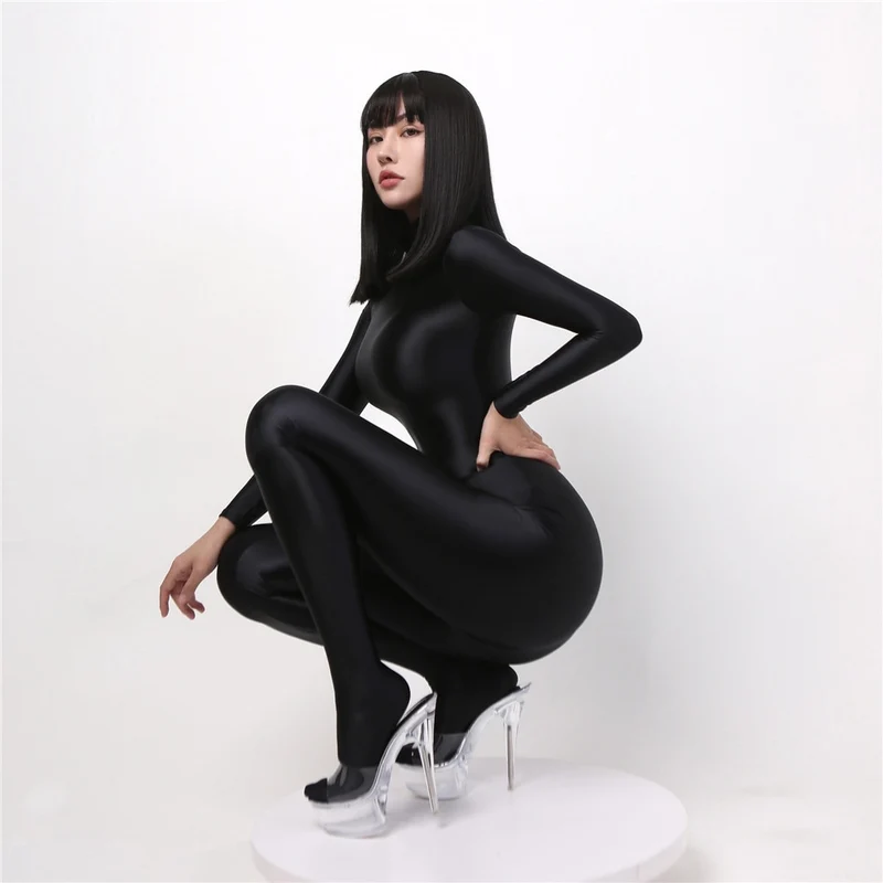 Sexy Damen Glänzender Metallischer Overall Bodysuit Catsuit Clubwear Fetisch
