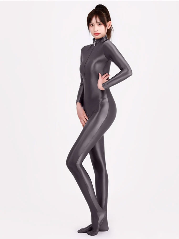Sexy Damen Glänzender Metallischer Overall Bodysuit Catsuit Clubwear Fetisch