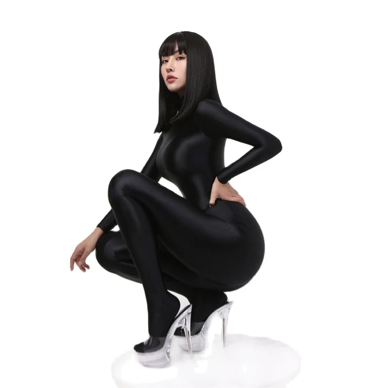 Sexy Damen Glänzender Metallischer Overall Bodysuit Catsuit Clubwear Fetisch