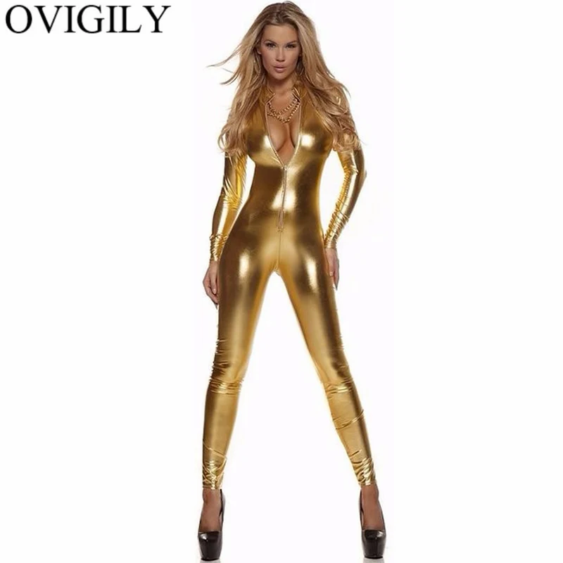 Sexy Damen Bodycon Overall Jumpsuit Metallic Strampler Catsuit Zip Body Suit