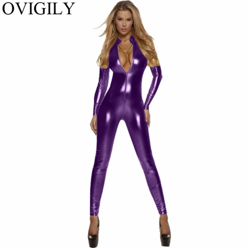 Sexy Damen Bodycon Overall Jumpsuit Metallic Strampler Catsuit Zip Body Suit
