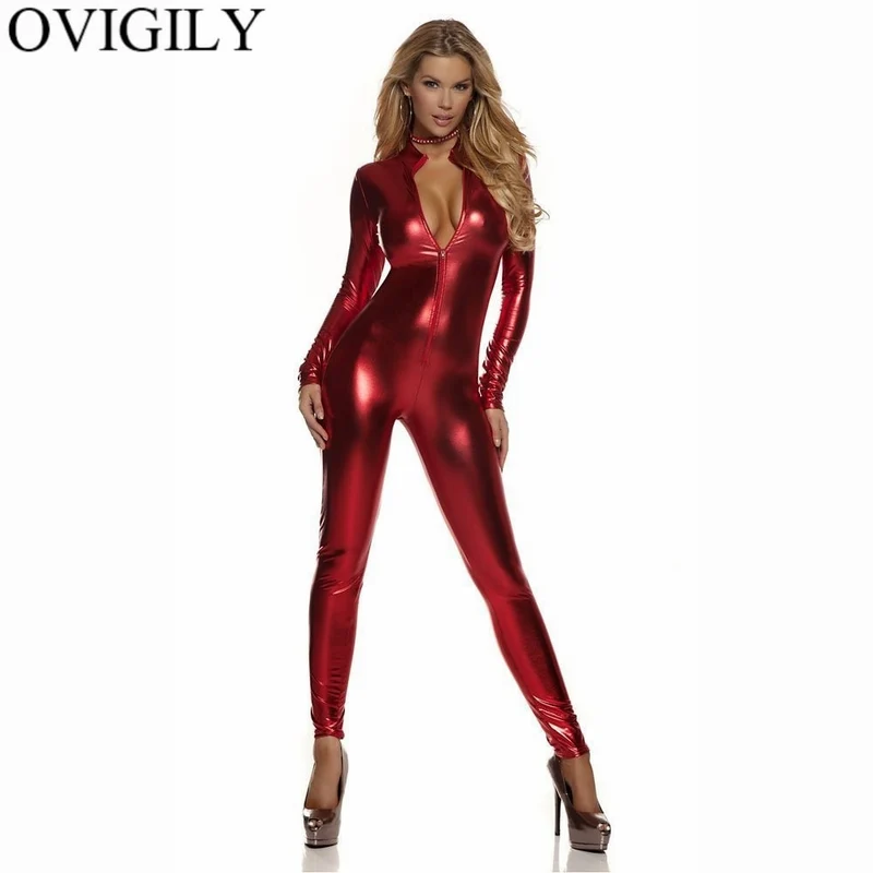Sexy Damen Bodycon Overall Jumpsuit Metallic Strampler Catsuit Zip Body Suit