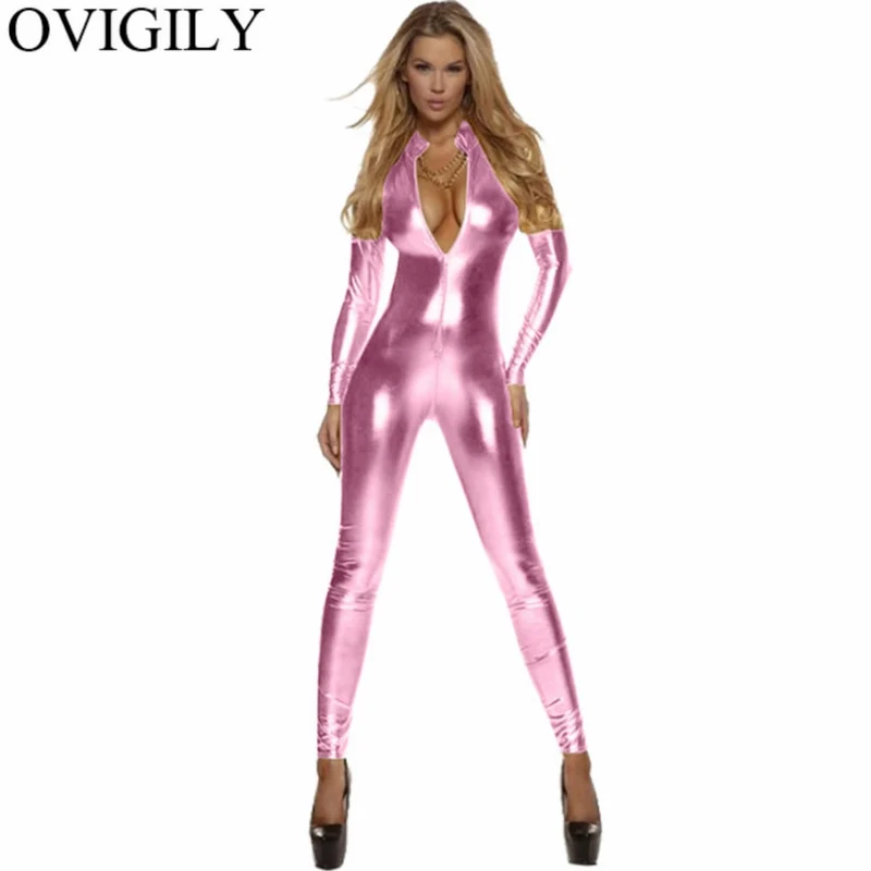Sexy Damen Bodycon Overall Jumpsuit Metallic Strampler Catsuit Zip Body Suit