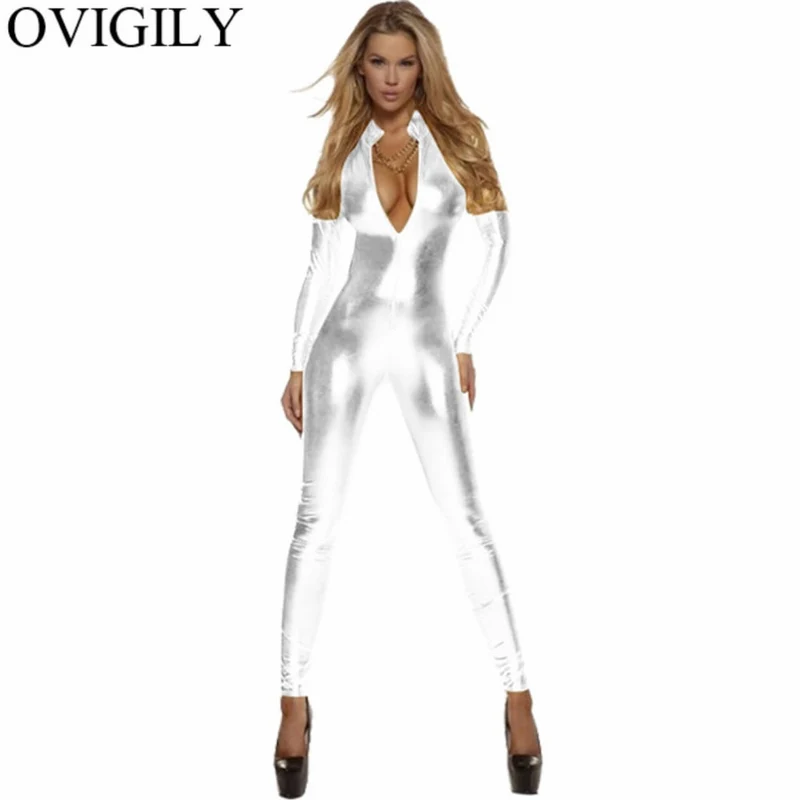Sexy Damen Bodycon Overall Jumpsuit Metallic Strampler Catsuit Zip Body Suit