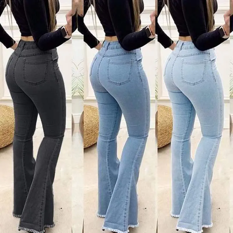 Damen Jeans Hose Bootcut Hüftjeans Schlaghose Flared Weites Bein Denim Stretch
