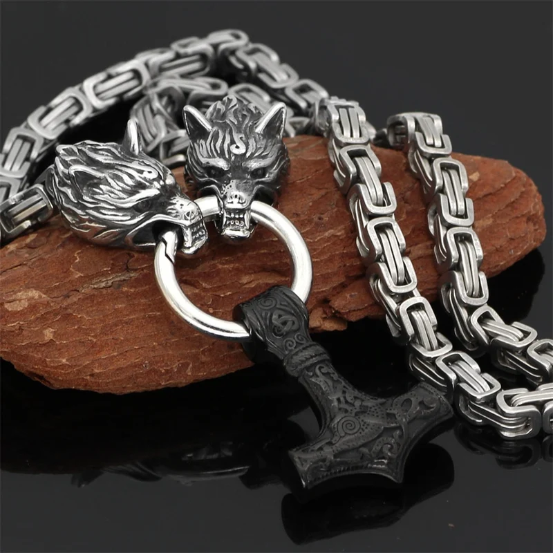 Thors Hammer Mjölnir Edelstahl Halskette Königskette schwarz schwarz Wikingerschmuck