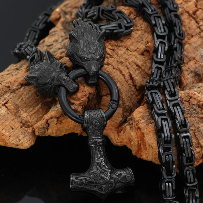 Thors Hammer Mjölnir Edelstahl Halskette Königskette schwarz schwarz Wikingerschmuck