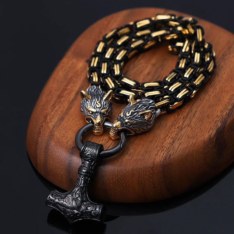 Pirate Viking Wolf Head Thor's Hammer Pendant Necklace Gold Black Byzantine Emperor Chain