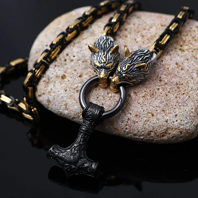 Pirate Viking Wolf Head Thor's Hammer Pendant Necklace Gold Black Byzantine Emperor Chain