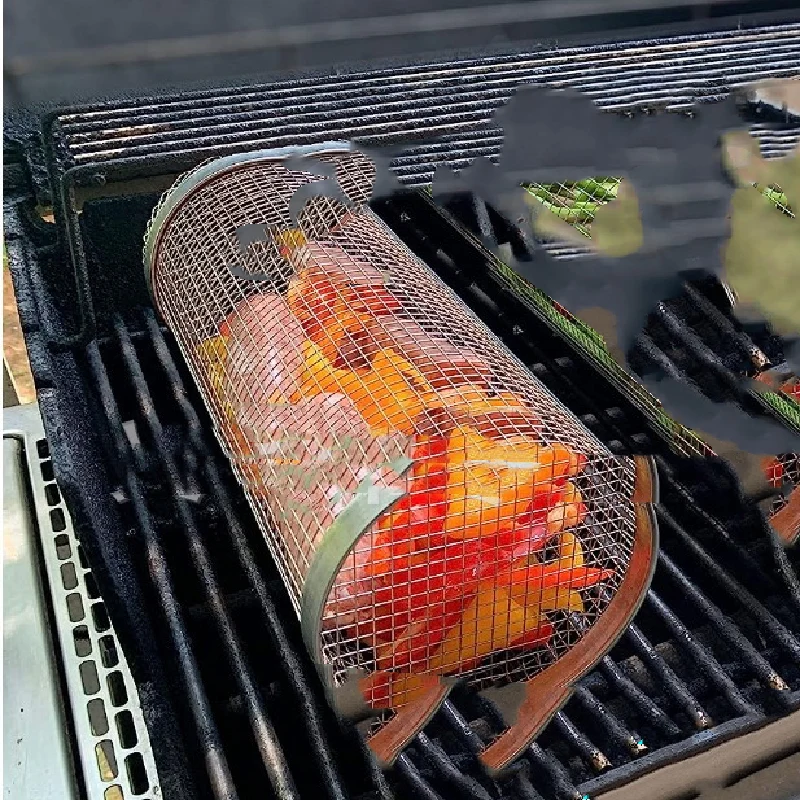 Rolling Grilling Basket Metal BBQ Barbecue Basket Net Portable Outdoor Camping Barbecue Rack Kitchen Gadgets
