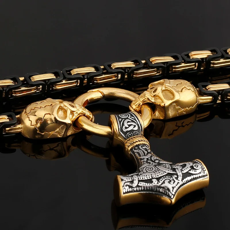 Thors Hammer Skull Edelstahl Halskette Königskette schwarz gold Wikingerschmuck