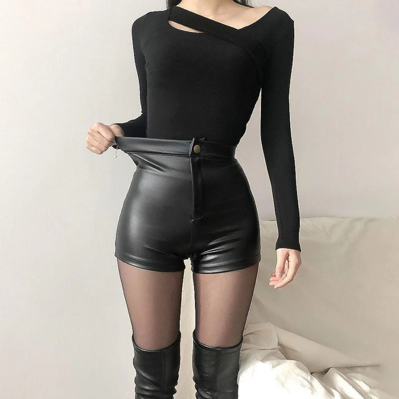 Damen Bermuda Shorts Hotpants Kurze Hose PU Leder Hohe Taille Pants Clubwear
