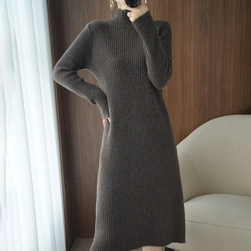 Damen Wollkleid Rollkragen Maxi Kleid Pulloverkleid Herbstkleid Winterkleid Strickkleid