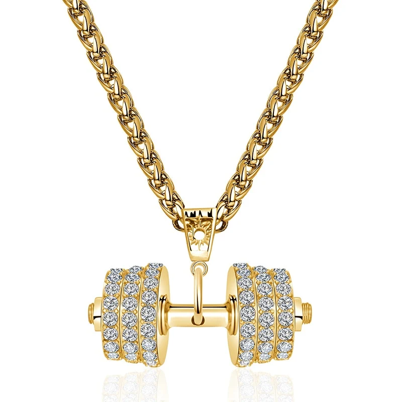 Halskette Anhänger Strass Edelstahl Hantel Scheibe Gewicht Fitness Gym Bodybuilding Schmuck