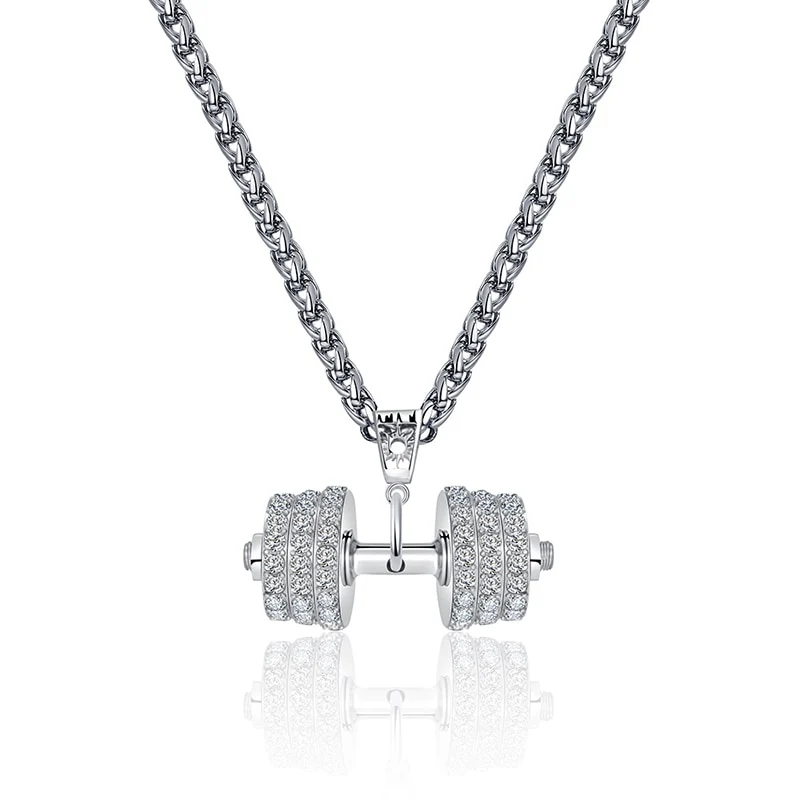 Halskette Anhänger Strass Edelstahl Hantel Scheibe Gewicht Fitness Gym Bodybuilding Schmuck