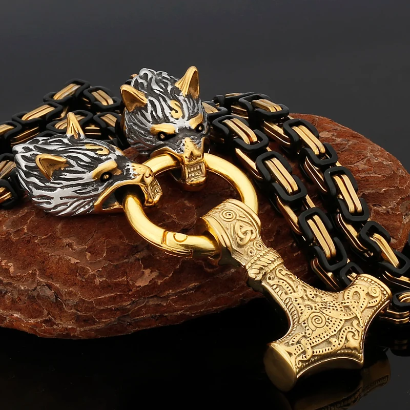 Thors Hammer Mjölnir Edelstahl Halskette Königskette schwarz gold Wikingerschmuck