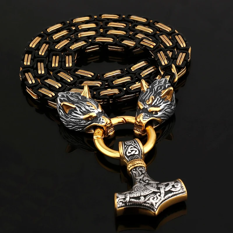 Thors Hammer Mjölnir Edelstahl Halskette Königskette schwarz gold Wikingerschmuck
