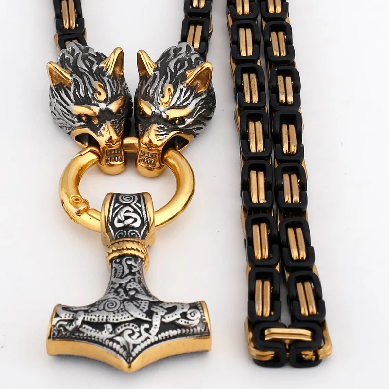 Thors Hammer Mjölnir Edelstahl Halskette Königskette schwarz gold Wikingerschmuck
