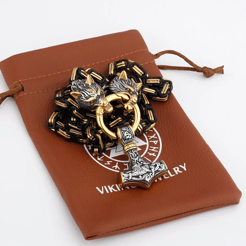 Thors Hammer Mjölnir Edelstahl Halskette Königskette schwarz gold Wikingerschmuck