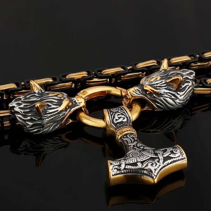 Thors Hammer Mjölnir Edelstahl Halskette Königskette schwarz gold Wikingerschmuck