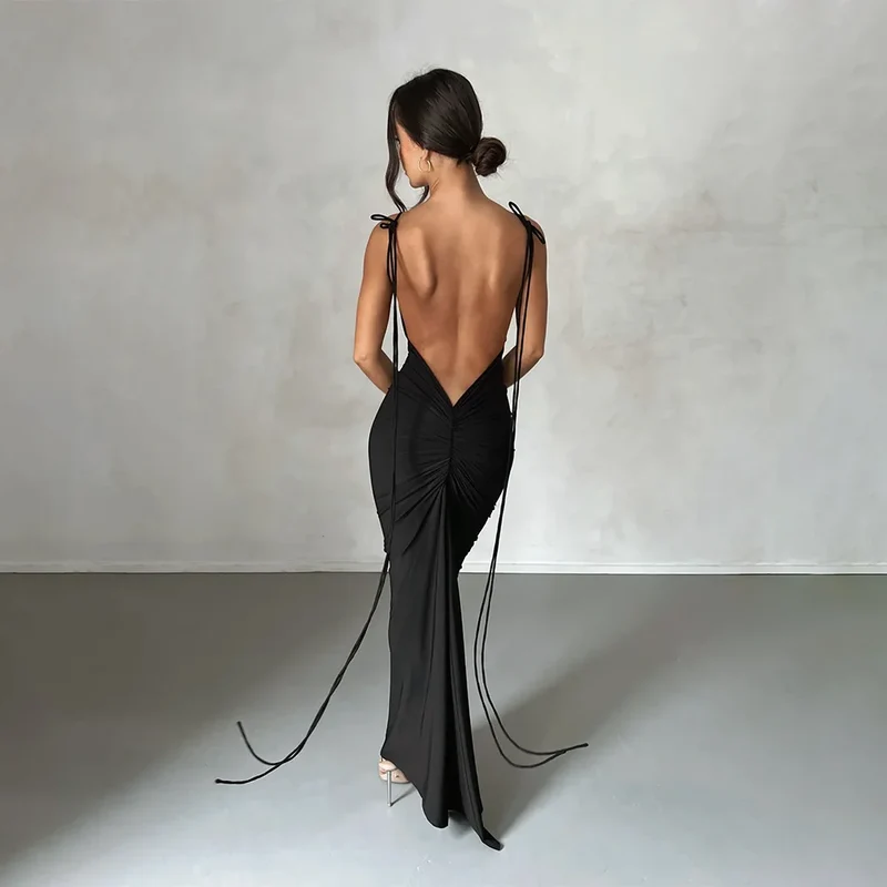 Frauen Kleid rückenfreies Partykleid Langes Trägerkleid Abendkleid Cocktailkleid