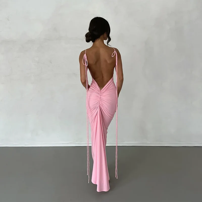 Frauen Kleid rückenfreies Partykleid Langes Trägerkleid Abendkleid Cocktailkleid