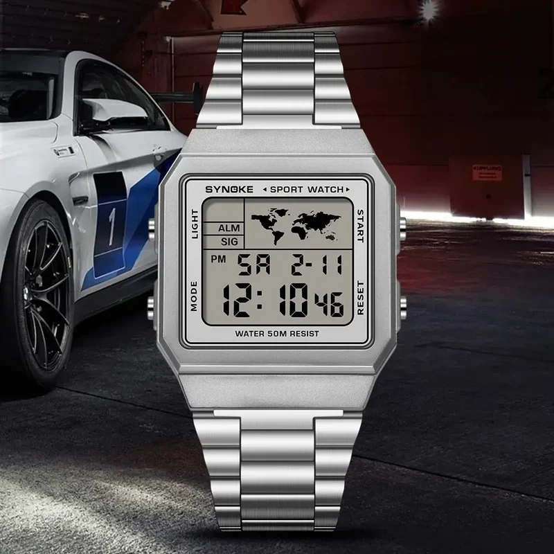 Herren Armbanduhr Digital Uhr Silber Edelstahl LED Quarzuhr Luxus Chronograph