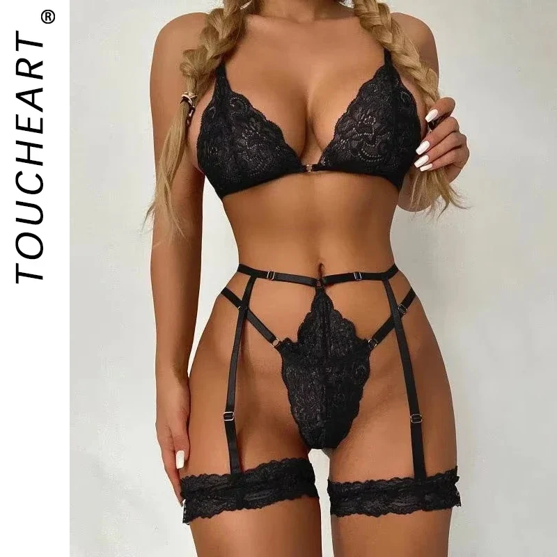 3 Stk BH Set Damen Sexy Spitze Dessous Bodysuit Body Unterwäsche Schwarz Tanga