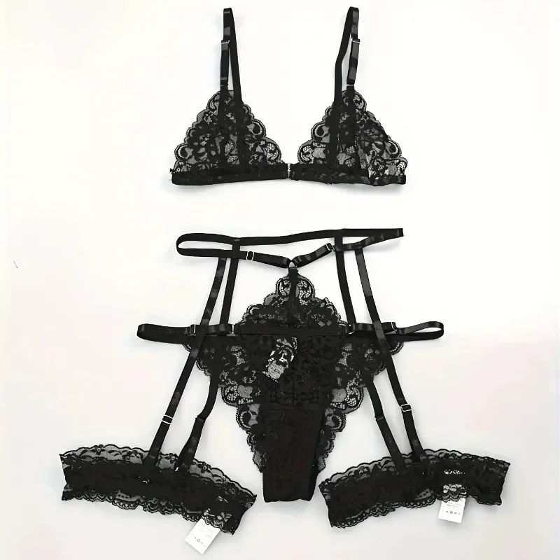 3 Stk BH Set Damen Sexy Spitze Dessous Bodysuit Body Unterwäsche Schwarz Tanga