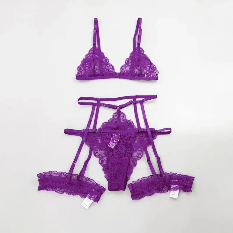 3 Stk BH Set Damen Sexy Spitze Dessous Bodysuit Body Unterwäsche Schwarz Tanga