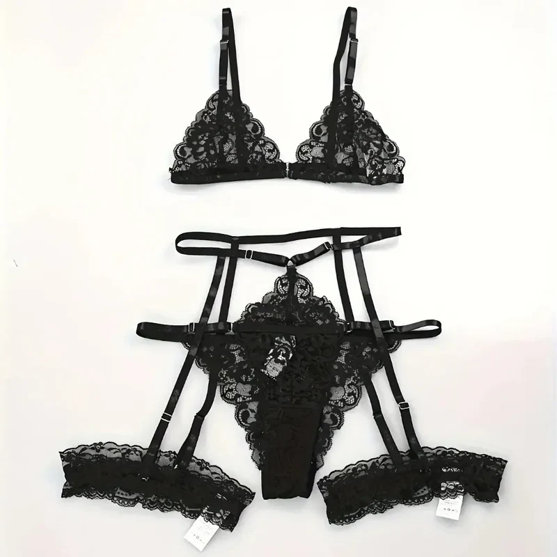 3 Stk BH Set Damen Sexy Spitze Dessous Bodysuit Body Unterwäsche Schwarz Tanga