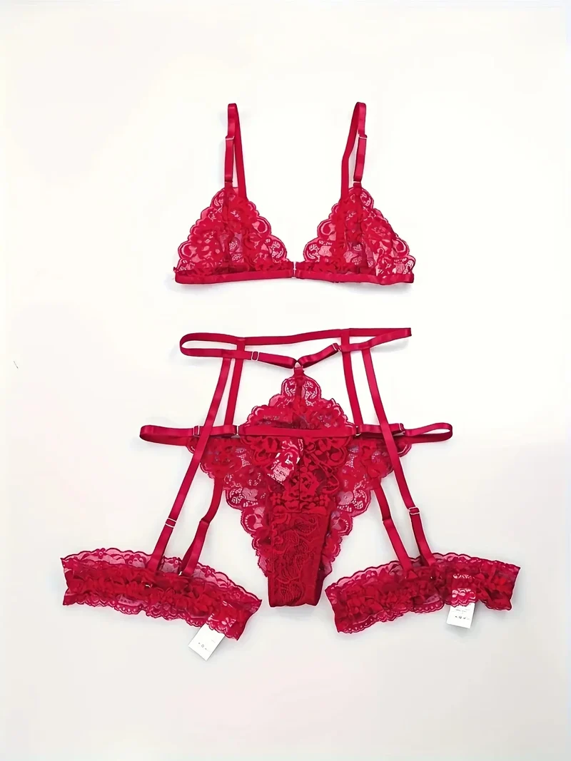 3 Stk BH Set Damen Sexy Spitze Dessous Bodysuit Body Unterwäsche Schwarz Tanga