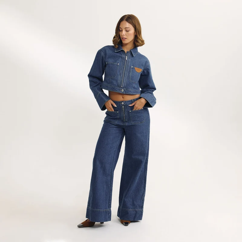 Hochtaillierte Jeans mit Weitem Bein - Blau