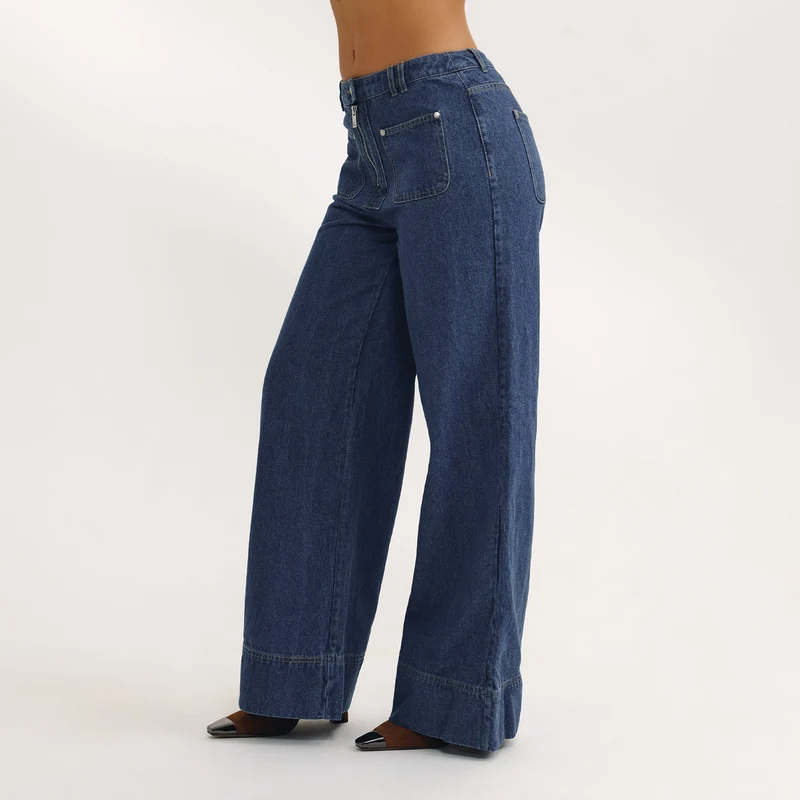 Hochtaillierte Jeans mit Weitem Bein - Blau