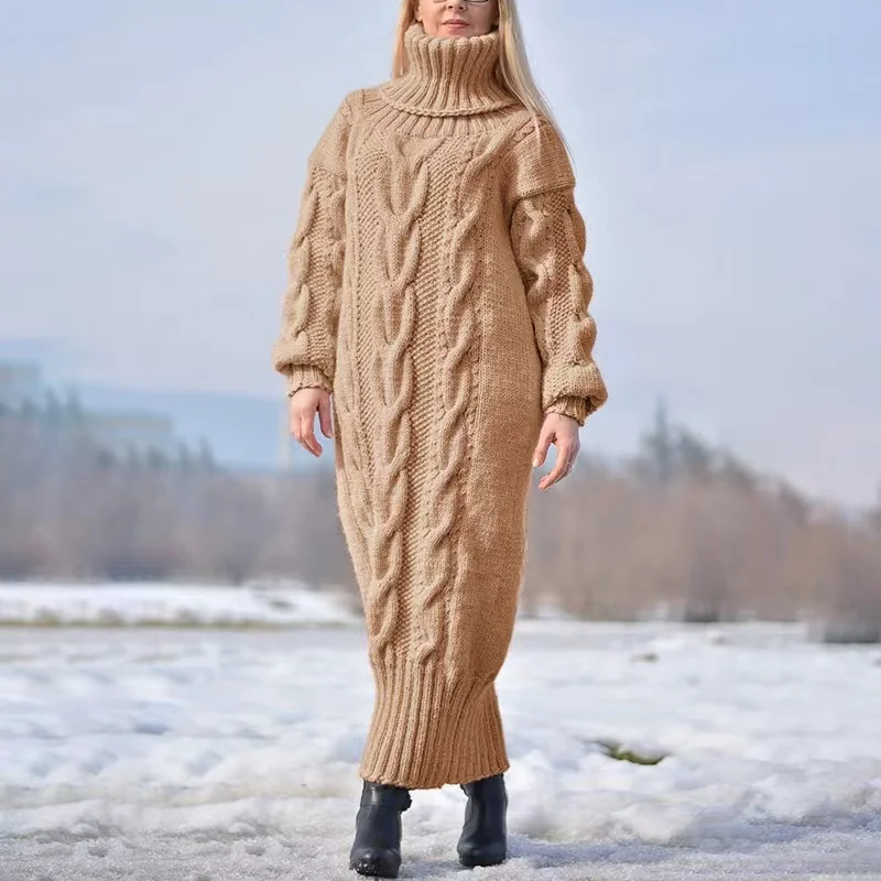 Damen Wollkleid Rollkragen Maxi Kleid Pulloverkleid Winterkleid Strickkleid