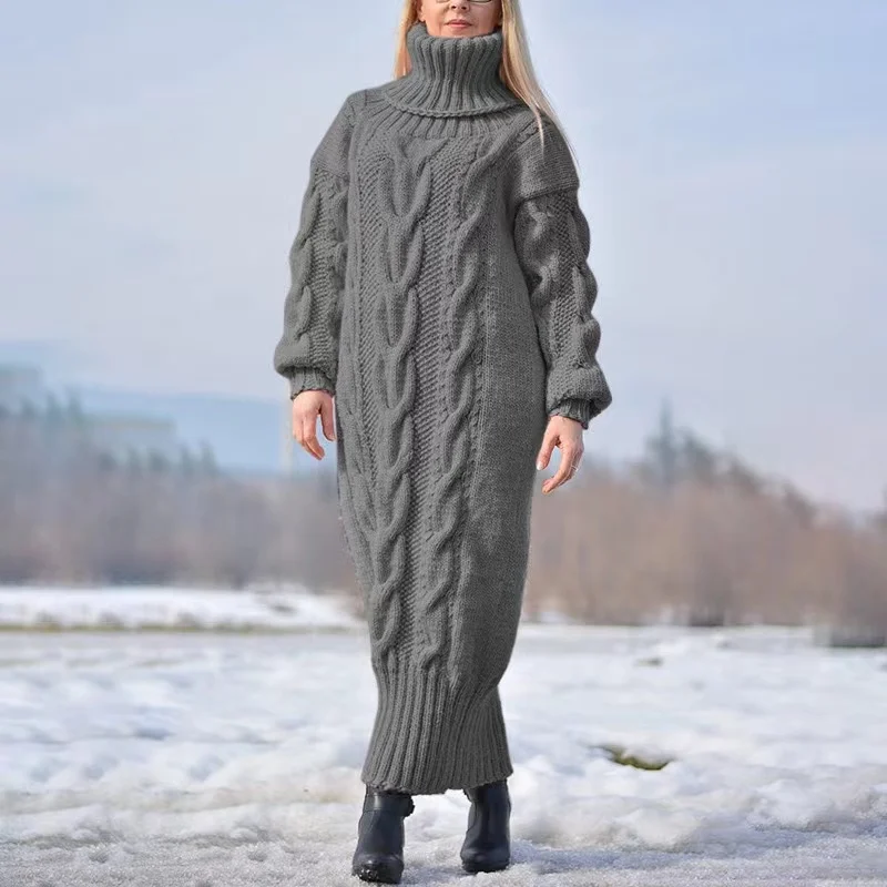 Damen Wollkleid Rollkragen Maxi Kleid Pulloverkleid Winterkleid Strickkleid