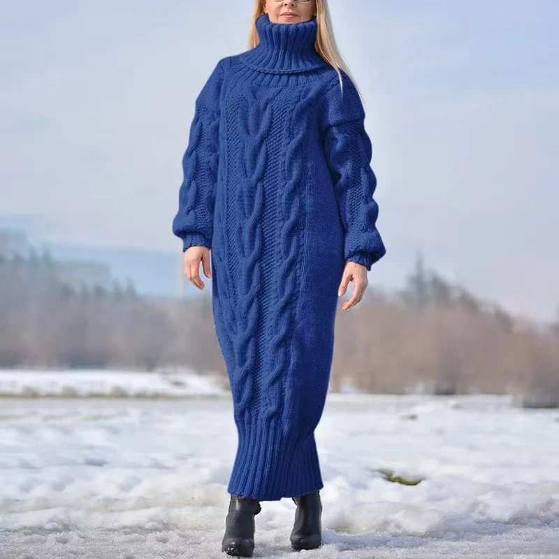 Damen Wollkleid Rollkragen Maxi Kleid Pulloverkleid Winterkleid Strickkleid