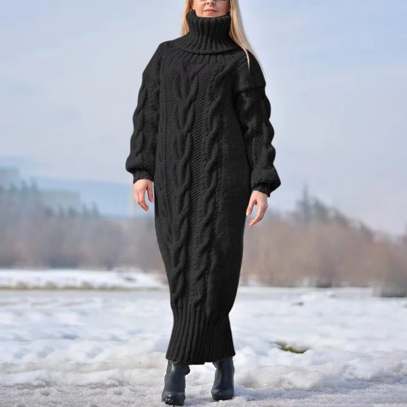 Damen Wollkleid Rollkragen Maxi Kleid Pulloverkleid Winterkleid Strickkleid