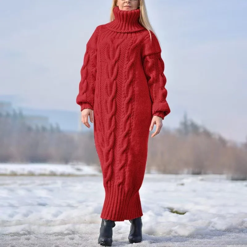 Damen Wollkleid Rollkragen Maxi Kleid Pulloverkleid Winterkleid Strickkleid
