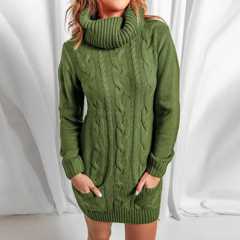 Damen Wollkleid Rollkragen Herbstkleid Winterkleid Strickkleid Longpullover